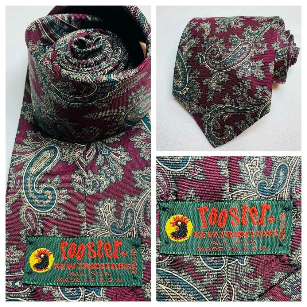 Rooster Silk‎ Paisley Necktie Tie Preppy Office Professional Made USA READ